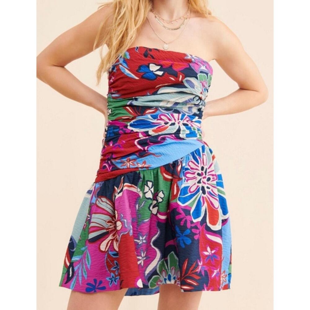Anthropologie Strapless Floral Lace Up Ruched Mini Dress Size 8